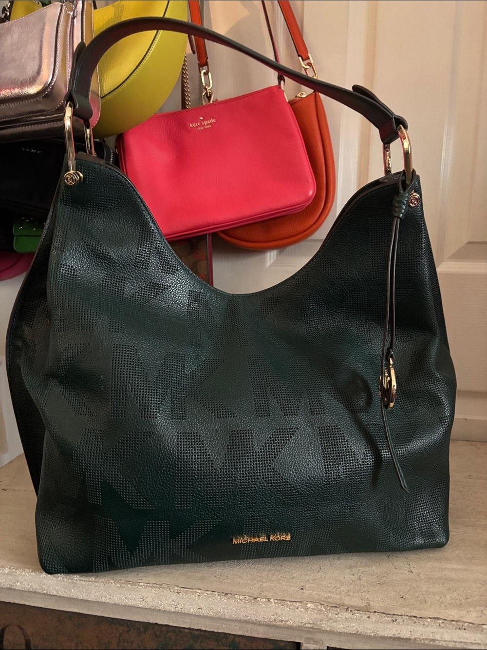 Michael Kors Dark Green Logo-Print Leather Shoulder Hobo